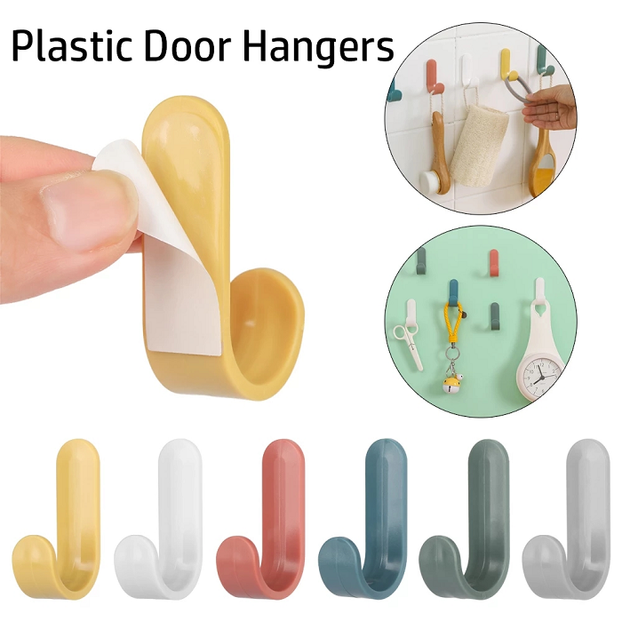 Pack of 4 J Shape Hook Wall Self Adhesive Plastic Door Hanger Towel Hat Organizer Key Holder For Kitchen Bathroom Hooks Hangers